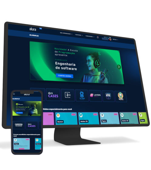 Um monitor e um celular com o Alura-Plus aberto
